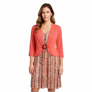 Perceptions Women’s Size L 2-Piece Dress Jacket Set Coral Print Career Church